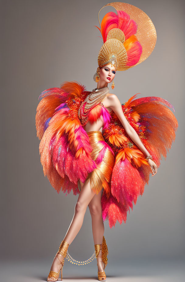 Colorful Feathered Headdress and Golden Costume with Wings