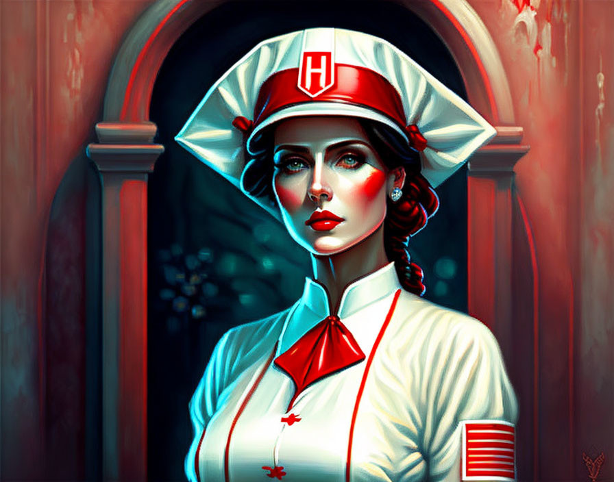 Stylized nurse digital artwork with vintage hat and red cross emblem