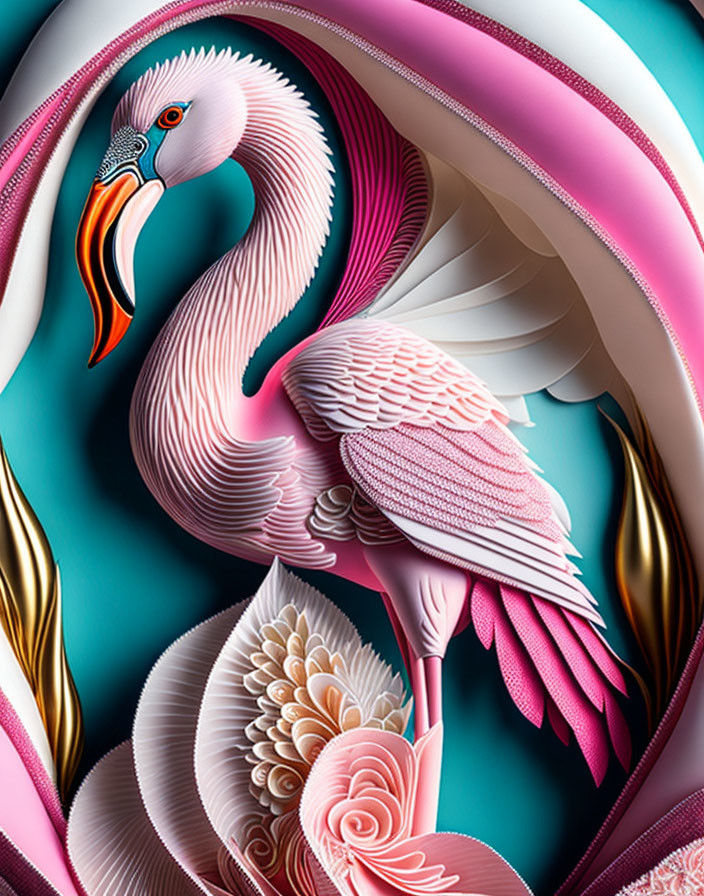 Abstract Flamingo Artwork with Vibrant Pink, White, and Turquoise Elements