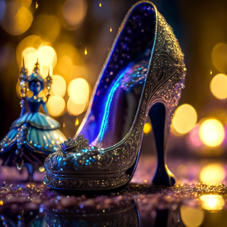 Intricate high-heeled shoe and blue figurine in golden light