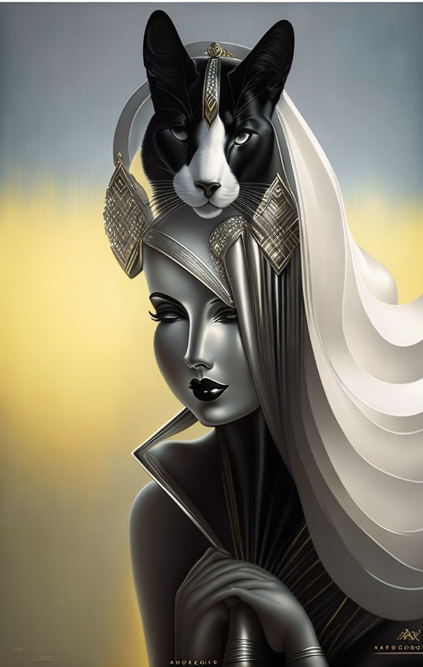 Stylized woman with metallic skin and Egyptian-style headdress morphs into cat head