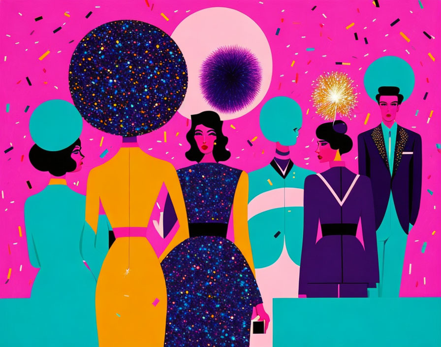 Vibrant party scene with people in elegant attire and colorful fireworks