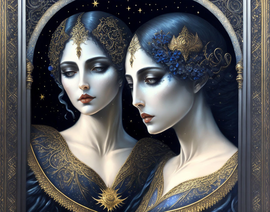 Symmetrical digital illustration of twin women in ornate headpieces and star-studded dresses