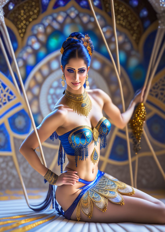 Elaborate Blue and Gold Traditional Attire on Woman with Peacock Motifs