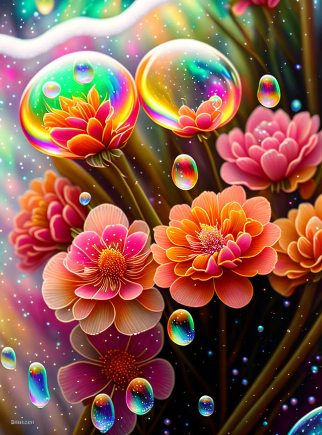 Colorful pink and orange flower illustration with iridescent bubbles on starry backdrop