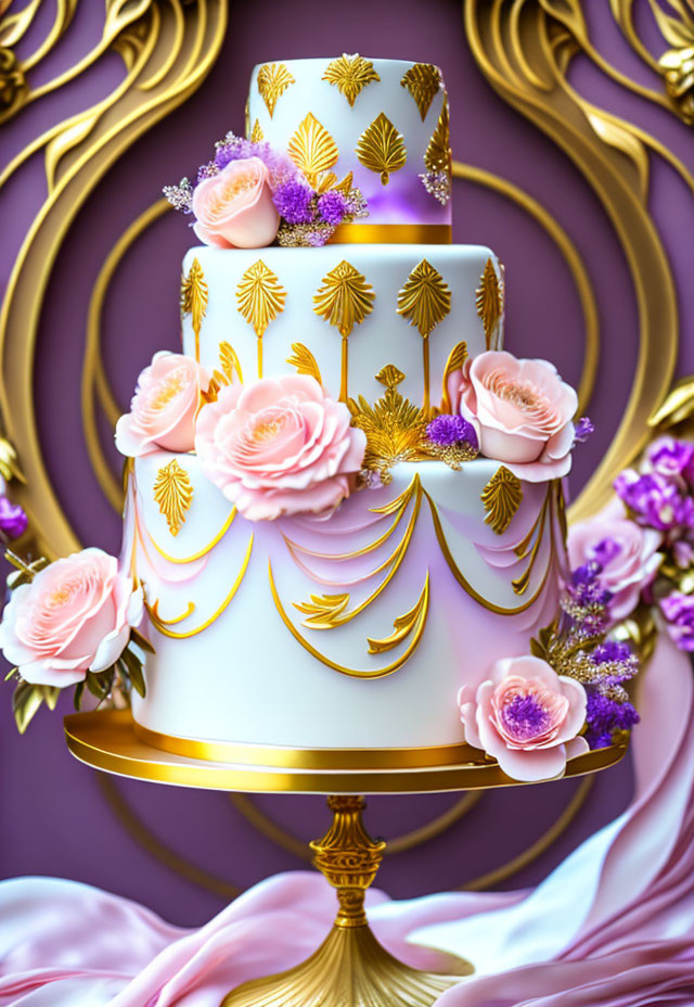 Three-Tiered Gold and Pink Floral Cake on Purple Background