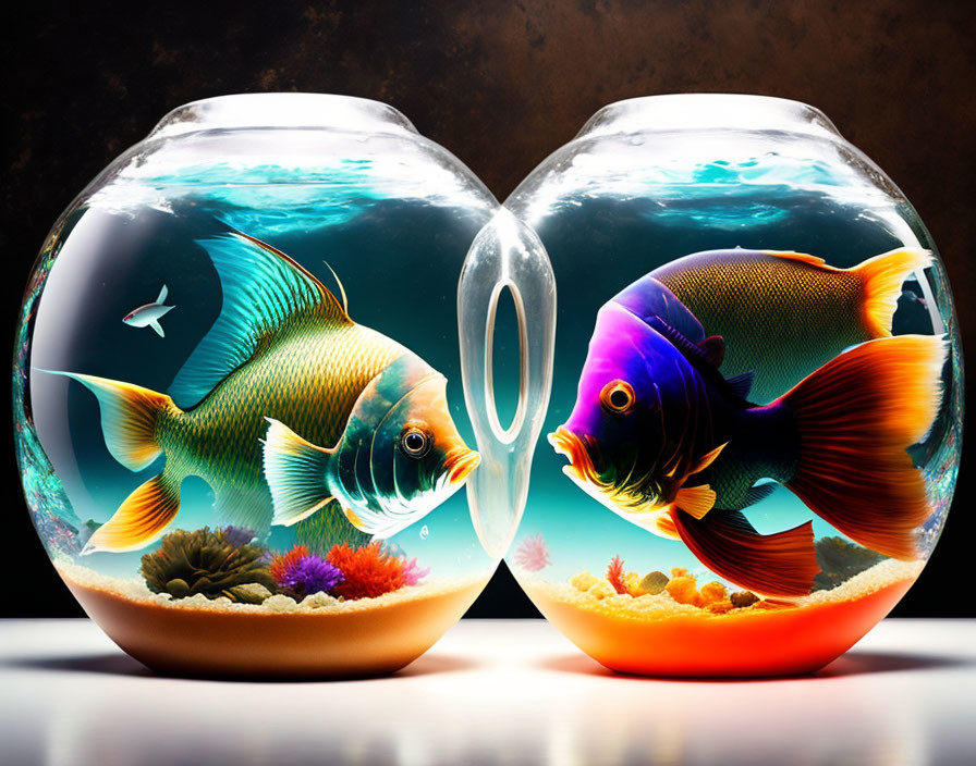 Vibrant goldfish in separate bowls connected by bubble tunnel