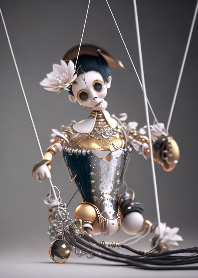 Gothic marionette in white and gold costume with floral accents on gray backdrop