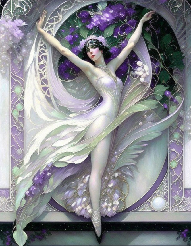 Ethereal figure in white gown with purple flowers and pearls under decorative arch