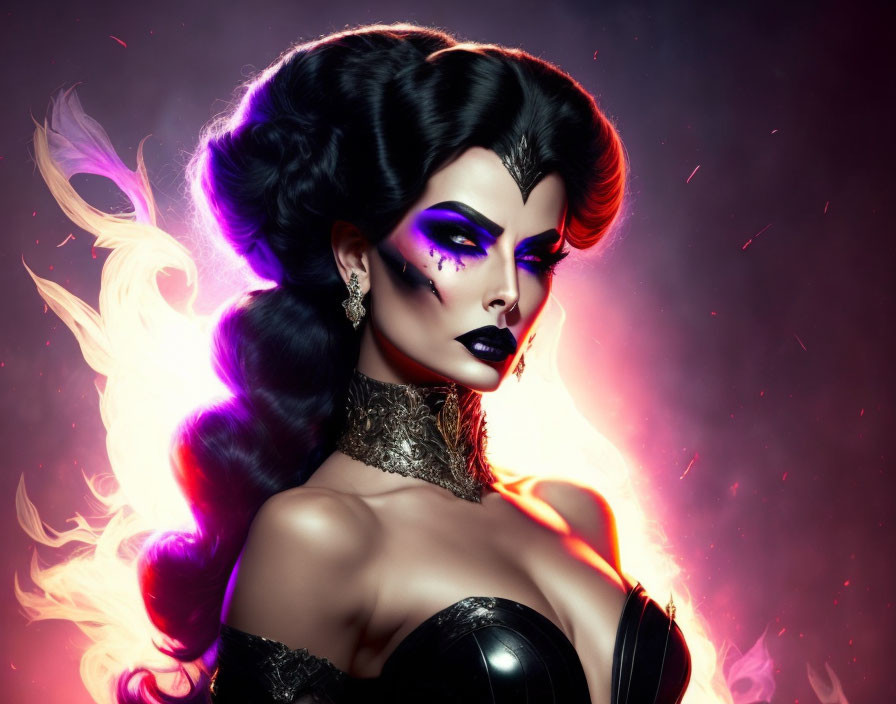 Fantasy character with bold makeup and colorful hair on magical backdrop