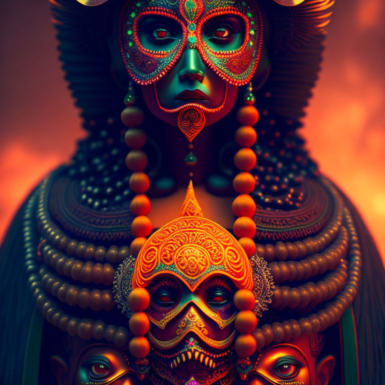 Digital art: Person with layered faces in colorful jewelry and face paint