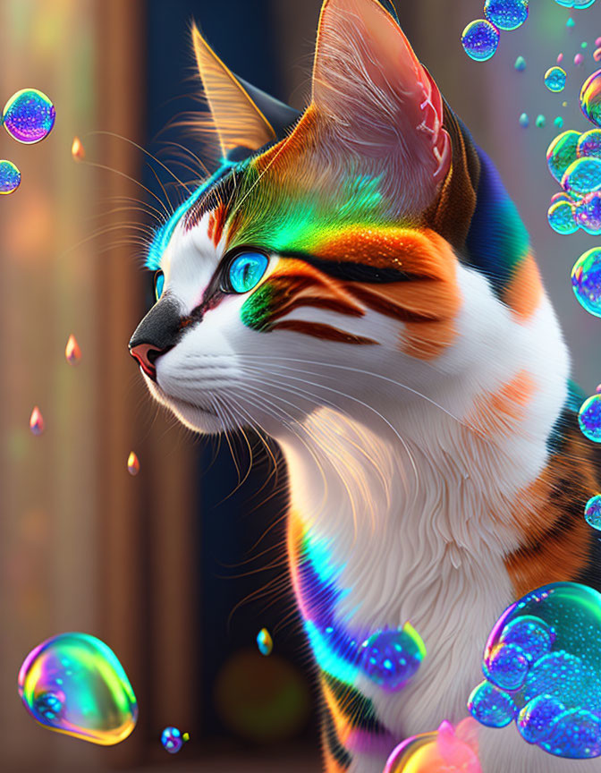 Iridescent cat with striking eyes amidst floating bubbles