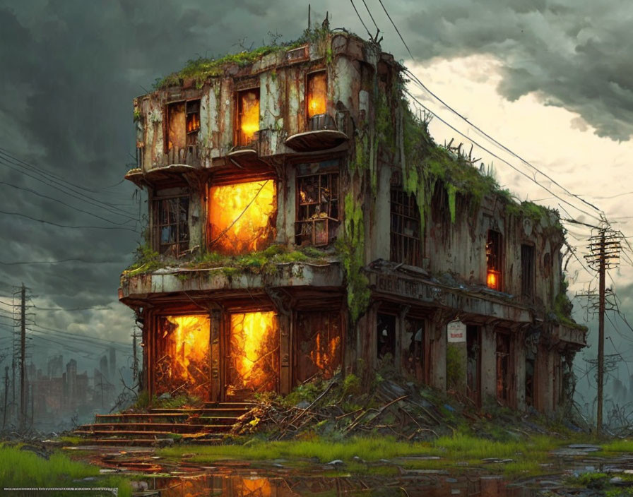 Abandoned two-story building with overgrown foliage and glowing windows in post-apocalyptic landscape