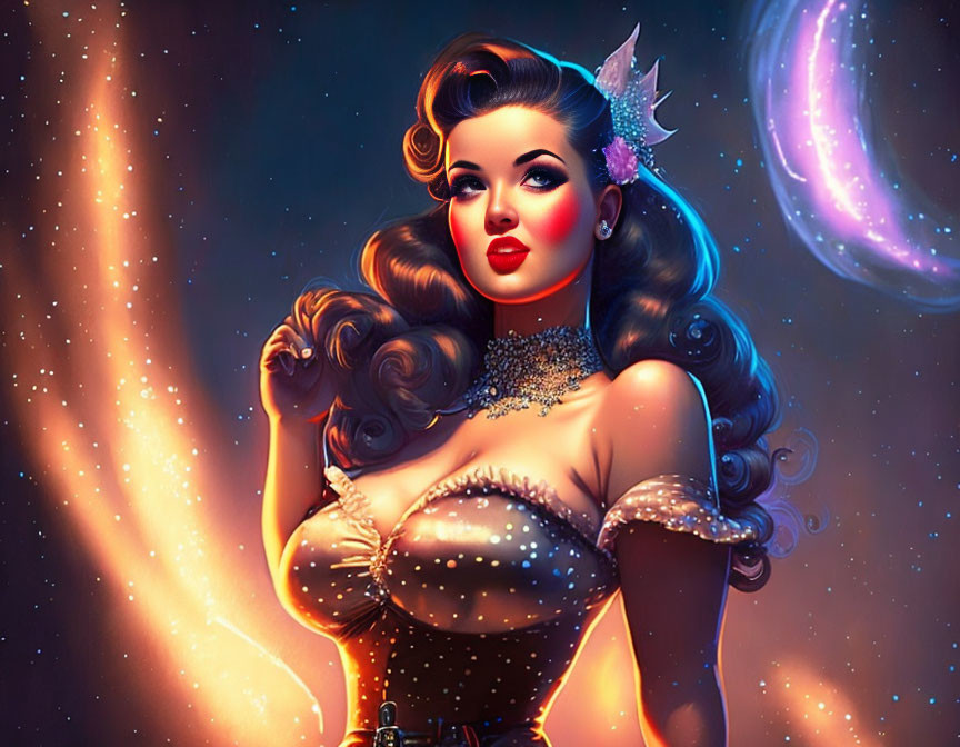 Stylized digital illustration of vintage pin-up woman with celestial backdrop