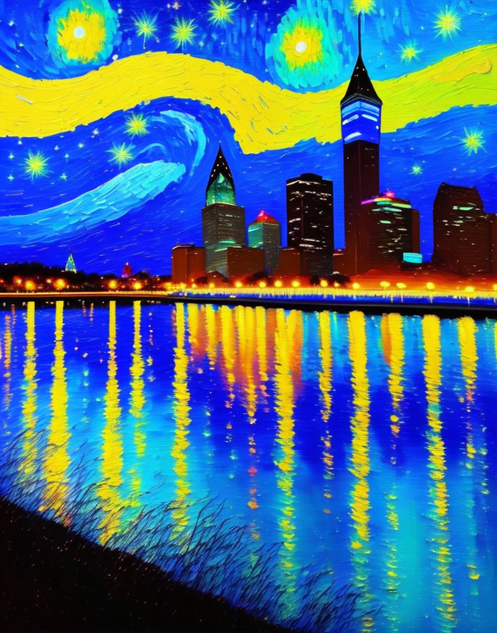 City skyline painting with swirling stars and water reflection.