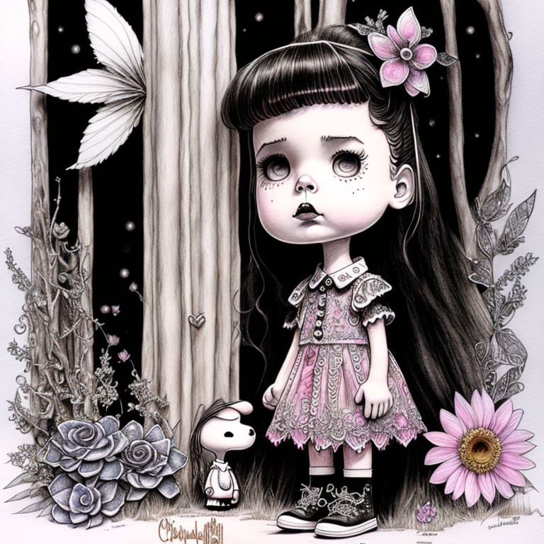 Monochromatic illustration of girl and dog in whimsical forest setting