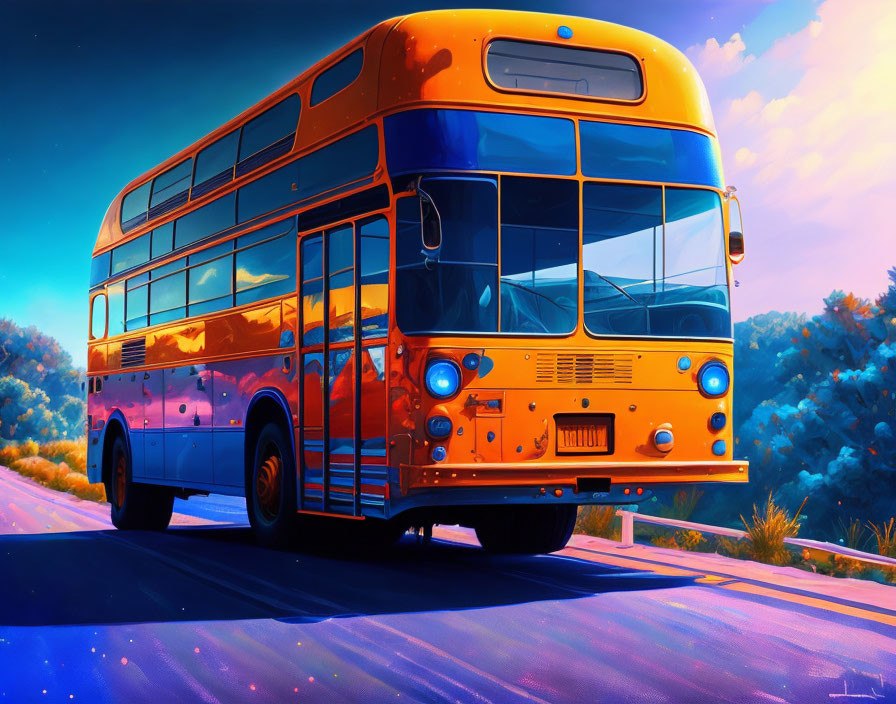 Illustration of yellow school bus in forest at sunset