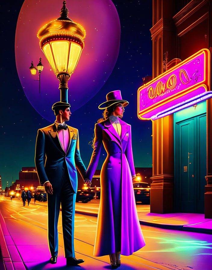 Vintage Attired Couple Holding Hands Against Neon-Lit Cinema Backdrop