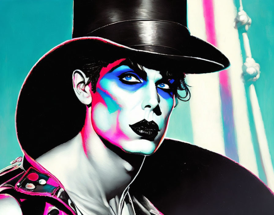 Person with Top Hat and Dramatic Makeup on Turquoise Background