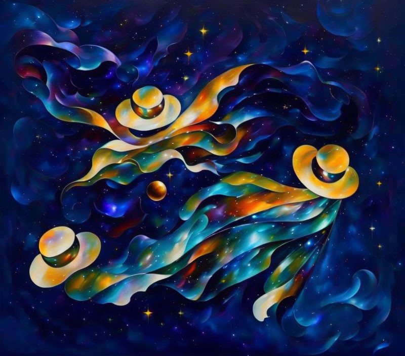 Colorful cosmic abstract art with swirling patterns and planets in blues, purples, and oranges.