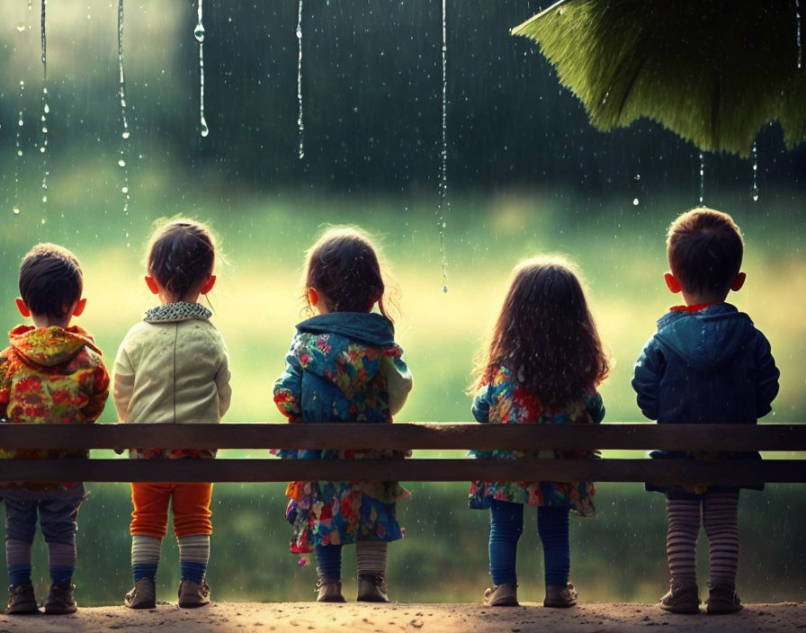 Five Children in Colorful Clothing Watching Rain by Fence