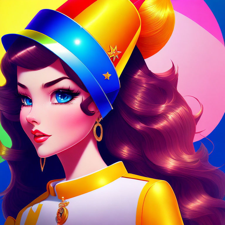 Digital portrait of woman with wavy hair, colorful hat, and pendant earring