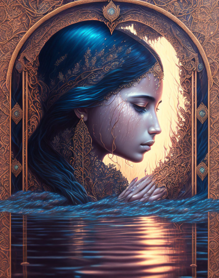 Surreal illustration of woman in water with ornate gold patterns