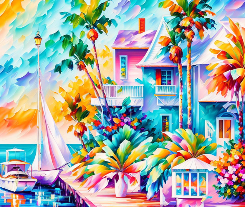 Colorful Tropical Scene with House, Flora, Sailboat, Pier, and Lamp Post