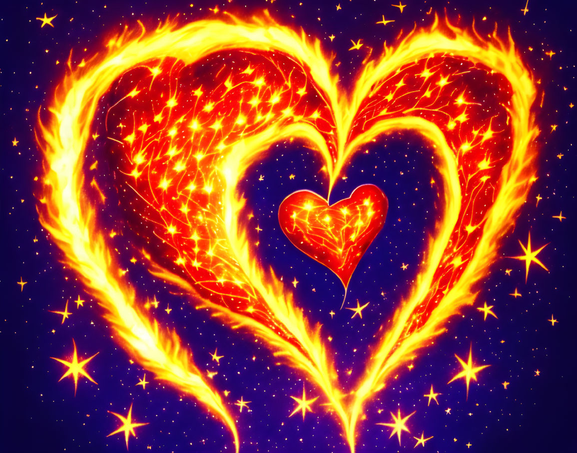 Colorful digital artwork: Fiery heart with swirling flames on starry blue backdrop