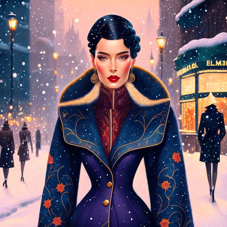 Illustrated woman in stylish blue winter coat with gold and red embroidery in snowy setting