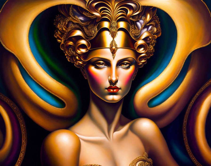 Stylized portrait of a woman with ornate golden headwear and vibrant swirling patterns