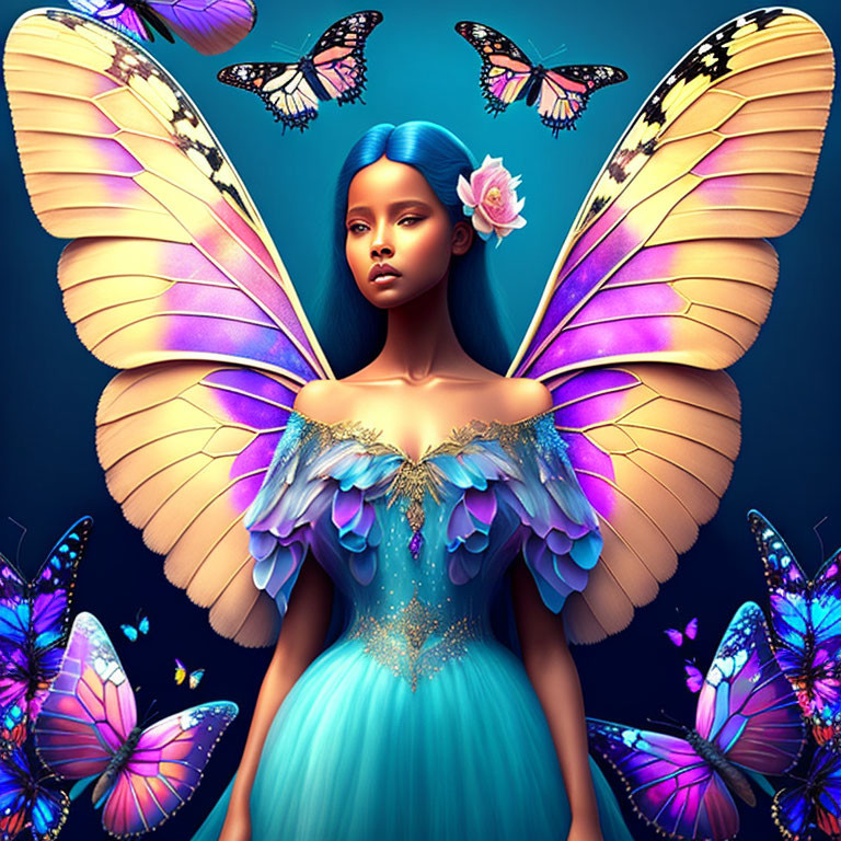 Digital art: Woman with blue hair, dress, butterfly wings, surrounded by butterflies on dark blue background