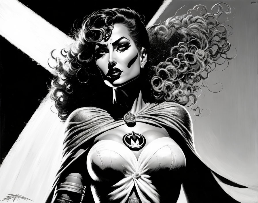 Monochromatic stylized superheroine with curly hair in tight costume.