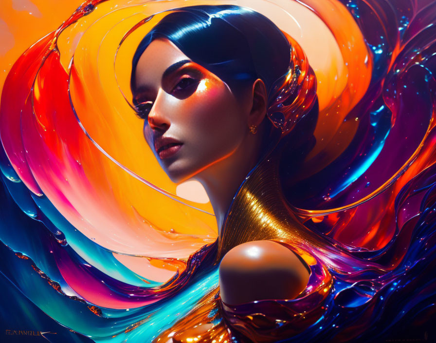 Colorful swirling depiction of a woman with metallic gold accent