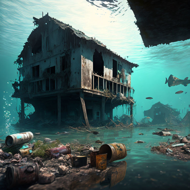 Dilapidated two-story house submerged in hazy underwater environment