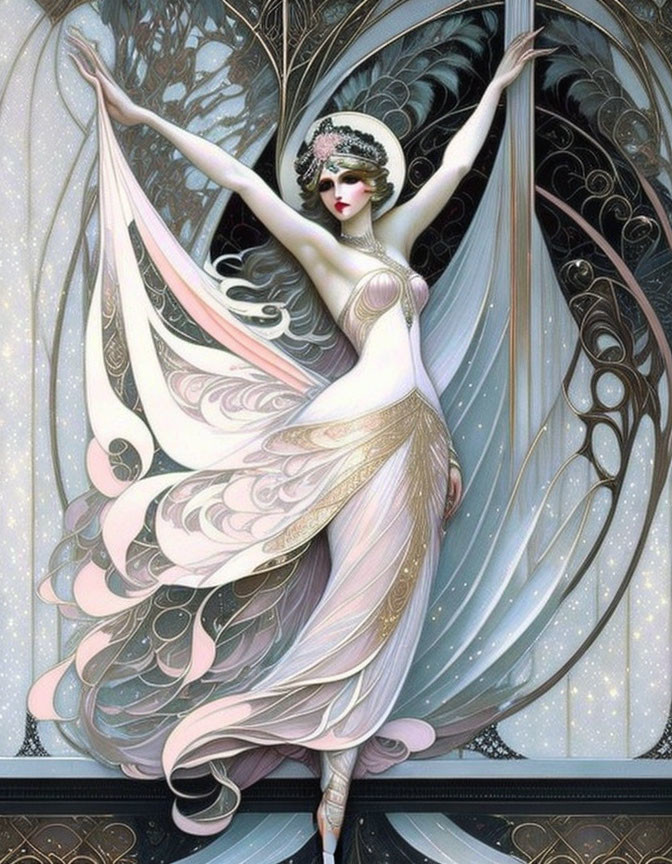 Art Deco style illustration of a woman in feathered and jeweled costume with dramatic pose.