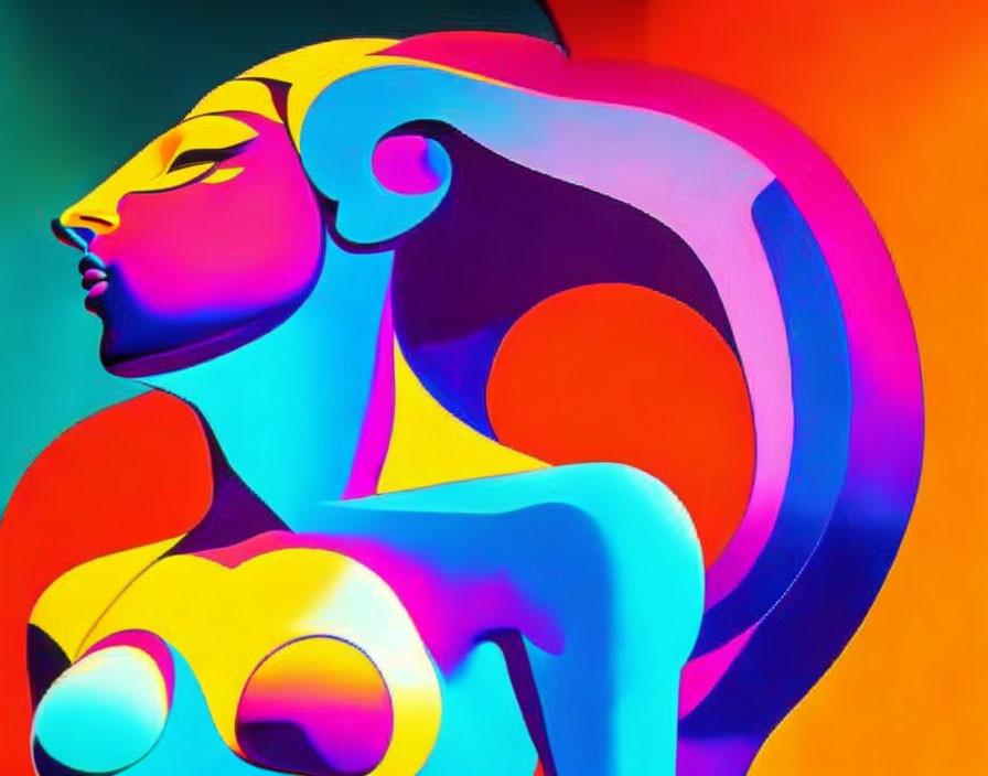 Vibrant abstract digital art of female figure with fluid lines in orange, purple, blue, and