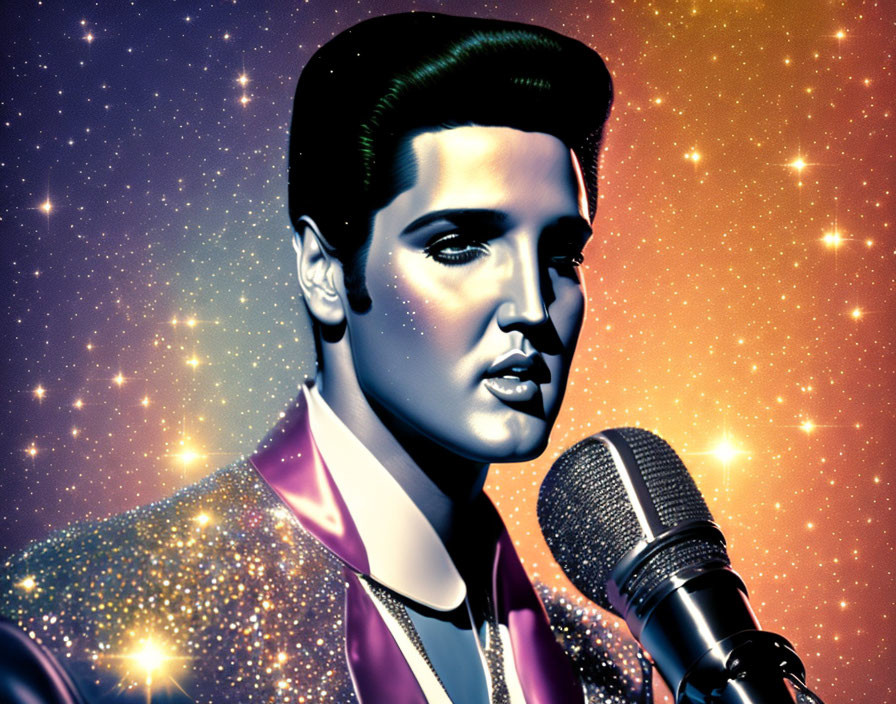 Male singer illustration with pompadour haircut and microphone on starry backdrop