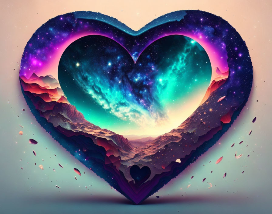 Colorful digital artwork: Heart-shaped portal unveils cosmic landscape