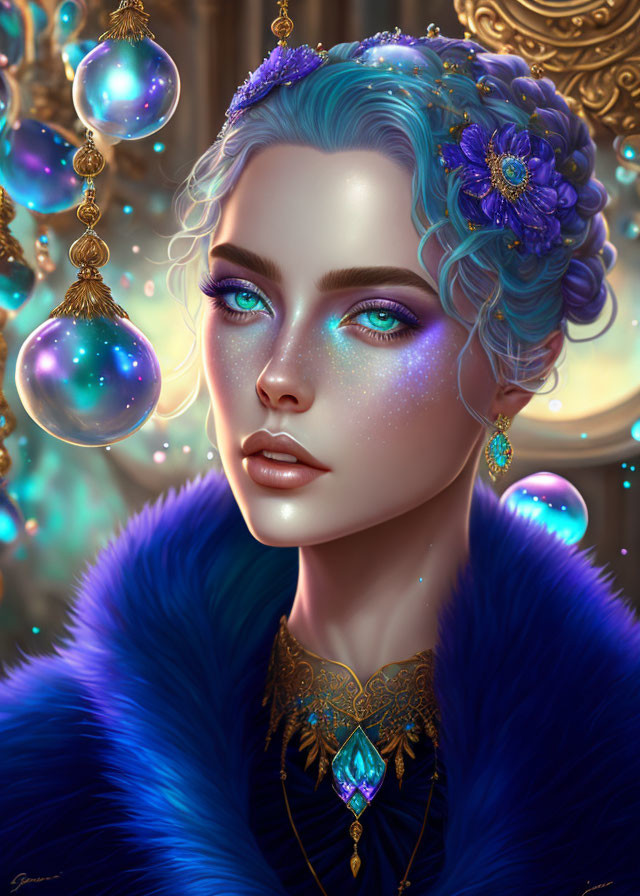 Portrait of Woman with Blue Hair, Sparkling Makeup, Jewelry, and Orbs