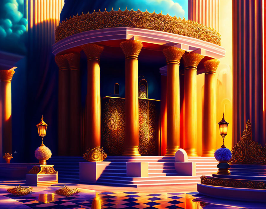 Golden columned palace entrance with arabesque doors, checkerboard flooring, and decorative lanterns under