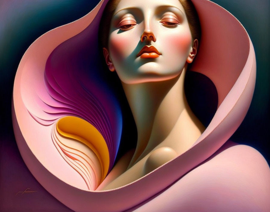 Surreal portrait of woman with flowing ribbon structure in warm tones