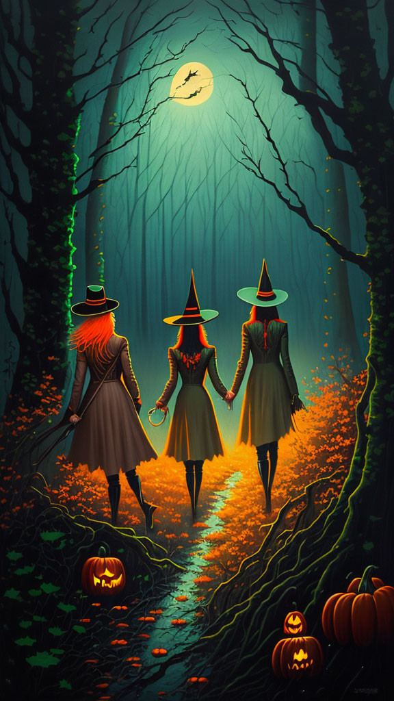 Silhouetted figures in witch hats walk through spooky forest at night