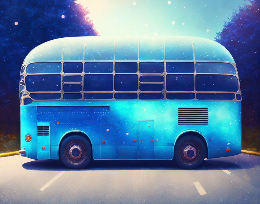 Double-decker bus with cosmic paint job under twilight sky