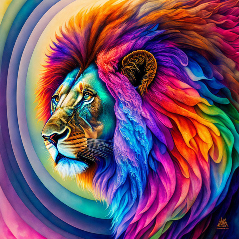 Colorful Lion Artwork with Psychedelic Circles