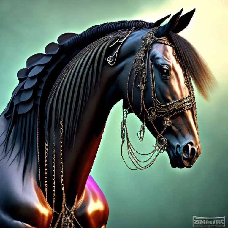 Detailed black horse digital art with gold bridle on green background