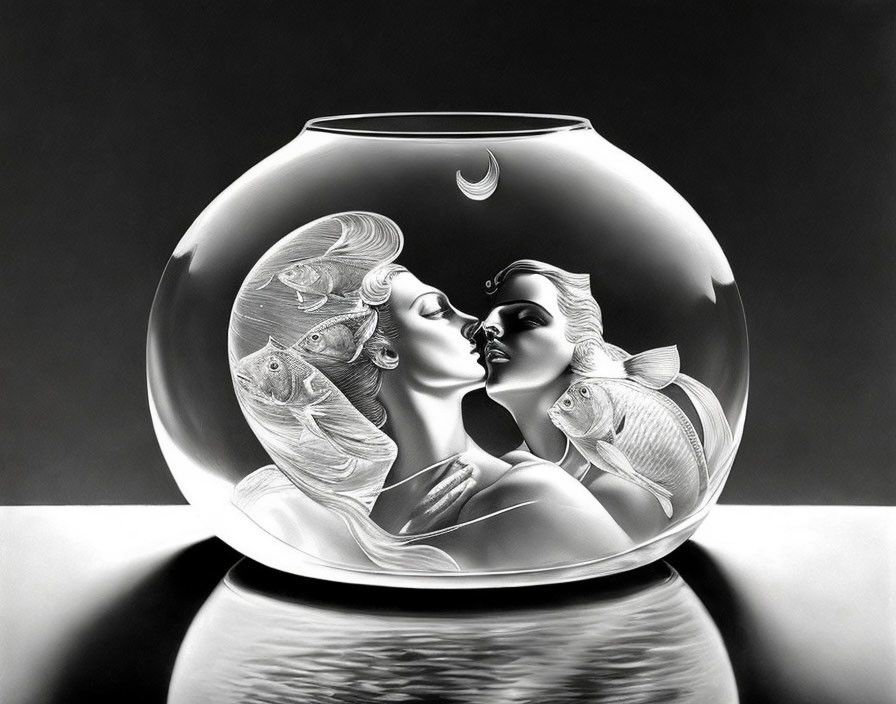 Monochromatic illustration of two faces, fish, and crescent moon