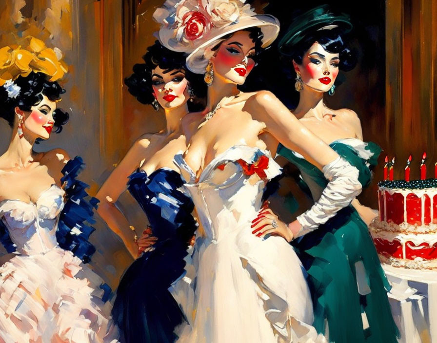 Four Women in Vintage Dresses Beside Cake in Vibrant Painting