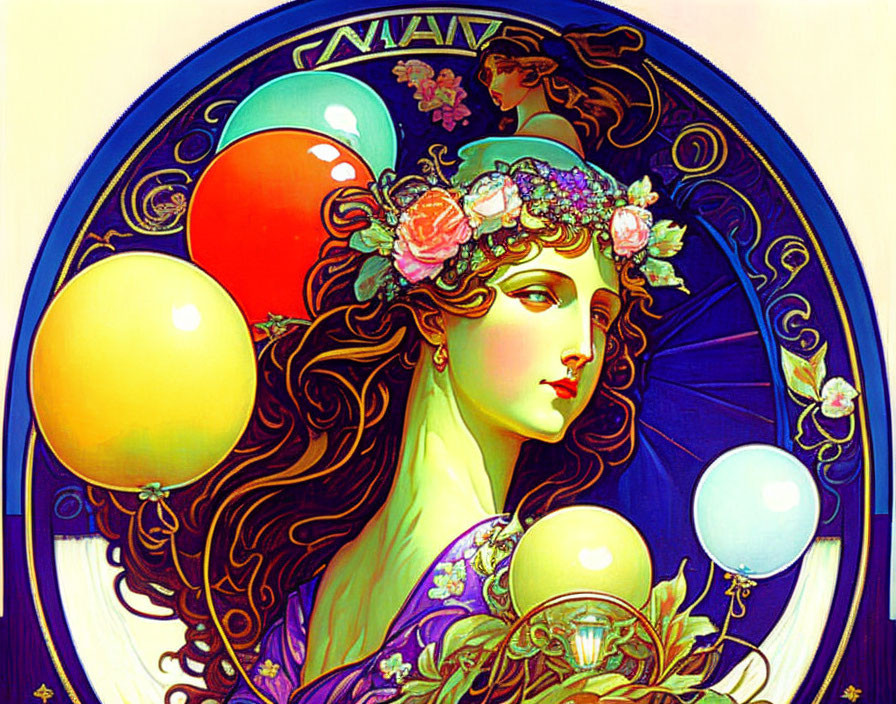 Art Nouveau Woman with Floral Headpiece & Balloons