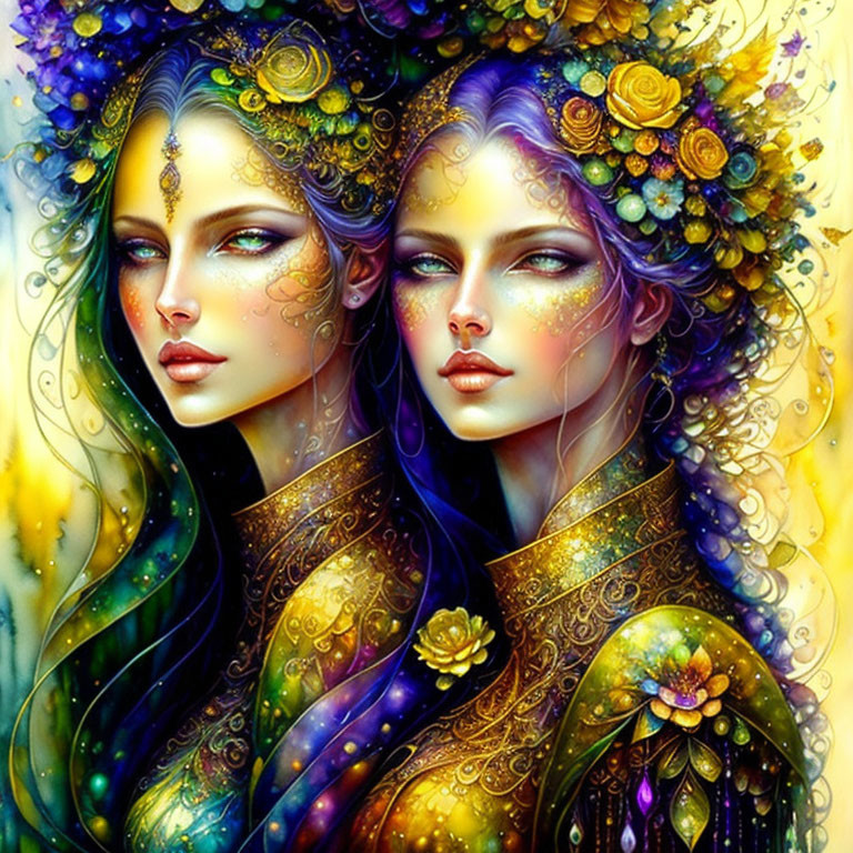 Ethereal women with colorful floral hair decorations and vibrant attire